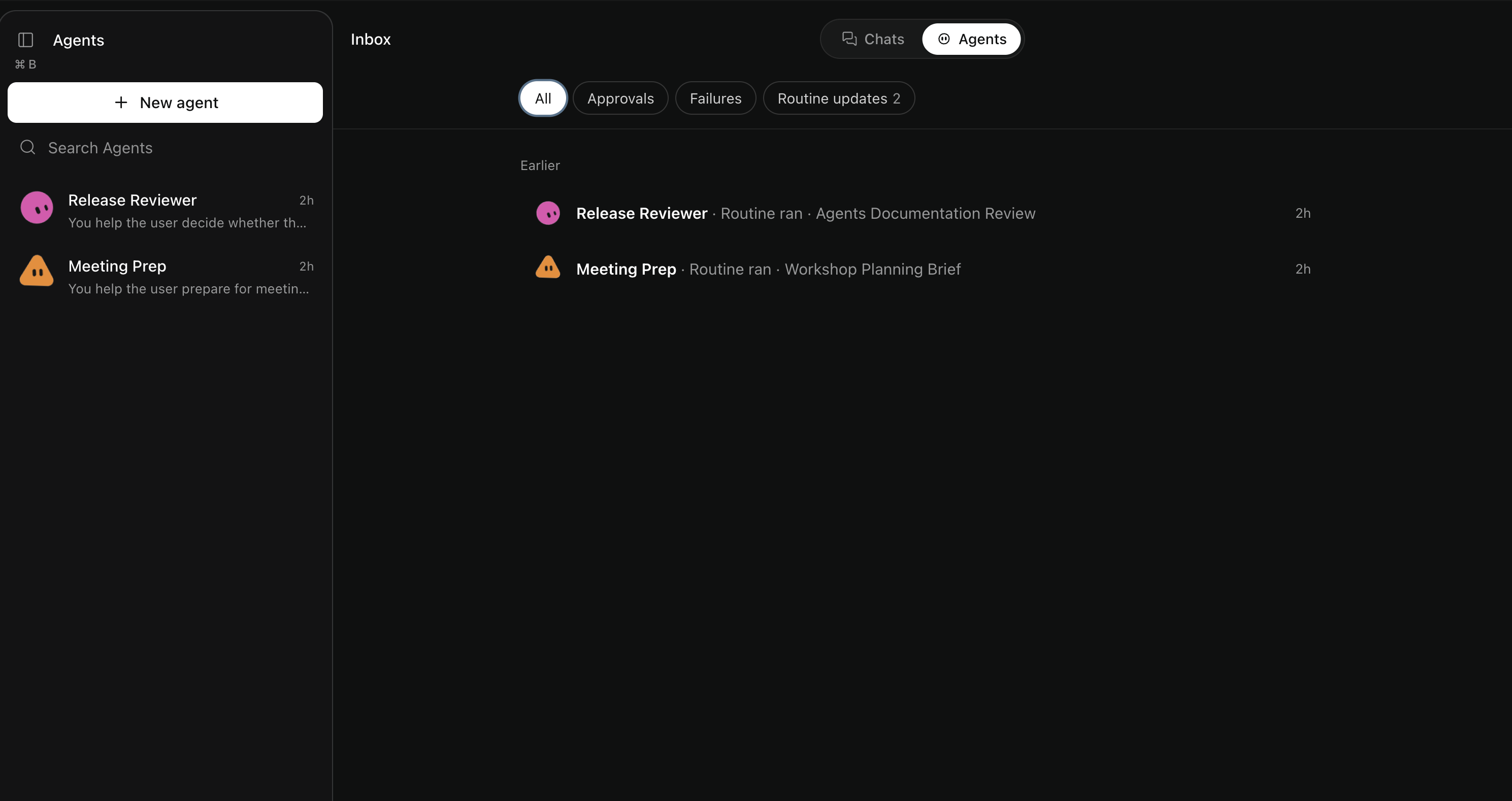 Inbox with All selected shows Routine ran entries for Release Reviewer and Meeting Prep, with two Routine updates.