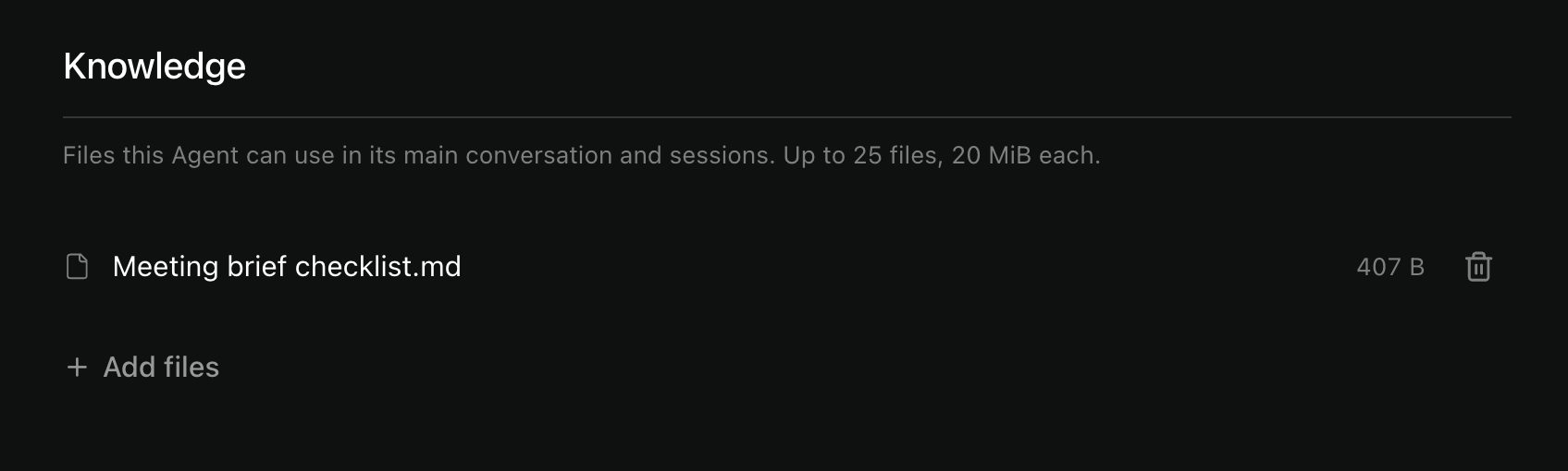 The Knowledge section contains Meeting brief checklist.md and an Add files control.