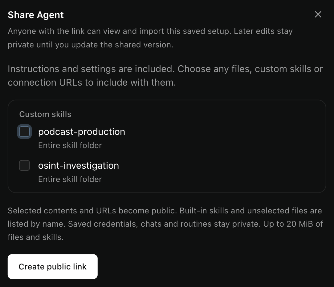 The Share Agent dialog lists two unchecked custom skills, explains what stays private, and offers Create public link.